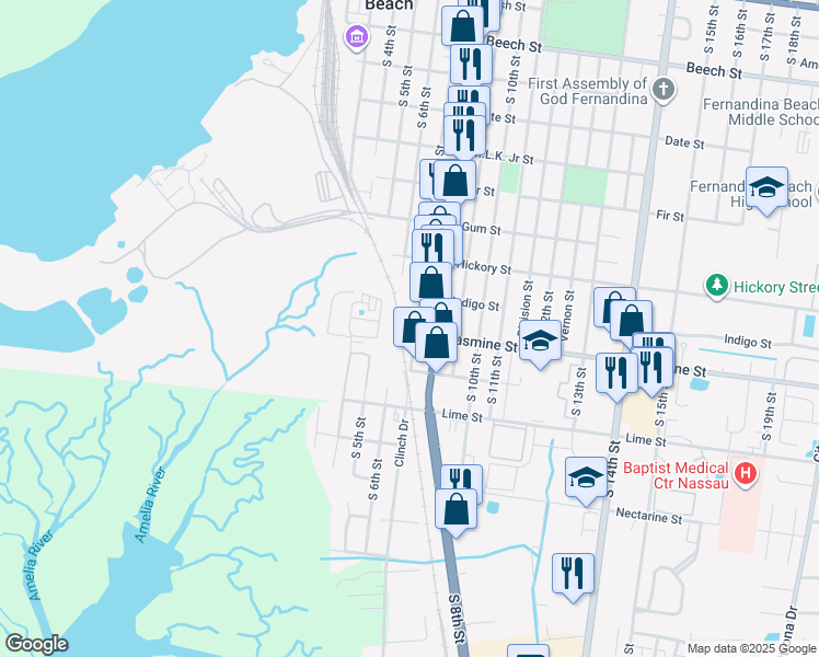 map of restaurants, bars, coffee shops, grocery stores, and more near 929 South 7th Street in Fernandina Beach