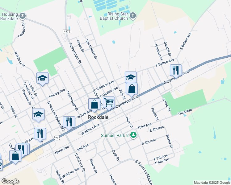 map of restaurants, bars, coffee shops, grocery stores, and more near 318 San Gabriel Street in Rockdale