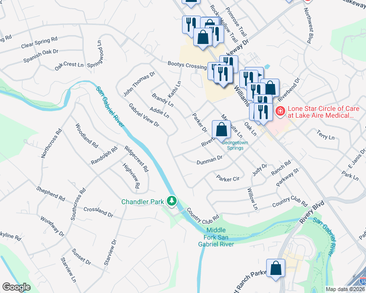 map of restaurants, bars, coffee shops, grocery stores, and more near 1010 Tiffany Lane in Georgetown