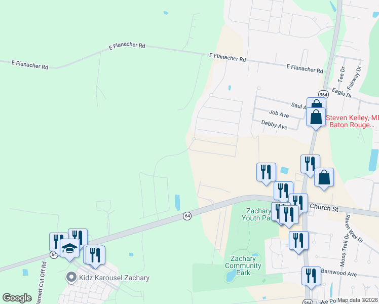 map of restaurants, bars, coffee shops, grocery stores, and more near 20109 Pecan Hill Drive in Zachary