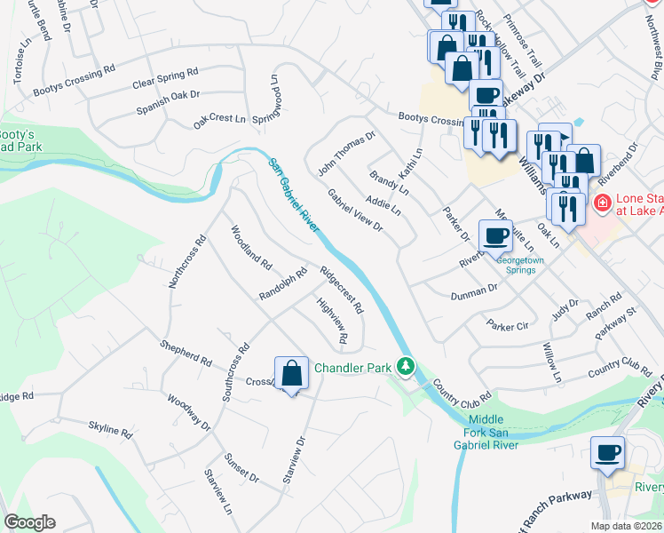 map of restaurants, bars, coffee shops, grocery stores, and more near 209 Ridgecrest Road in Georgetown