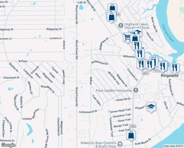 map of restaurants, bars, coffee shops, grocery stores, and more near 2117 Cedar Park in Kingsland