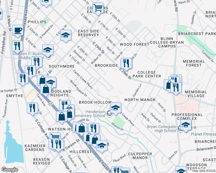 map of restaurants, bars, coffee shops, grocery stores, and more near 1602 East 31st Street in Bryan