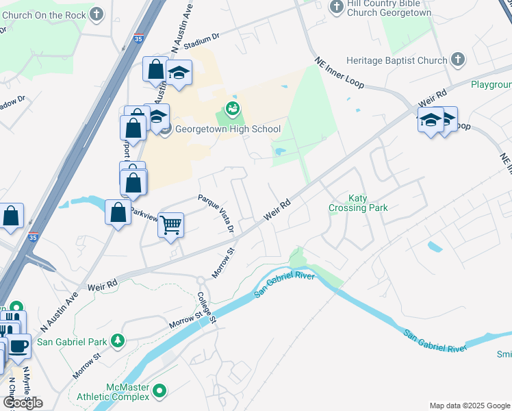 map of restaurants, bars, coffee shops, grocery stores, and more near 418 Parkline Drive in Georgetown