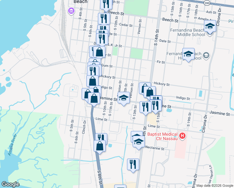 map of restaurants, bars, coffee shops, grocery stores, and more near 915 Division Street in Fernandina Beach