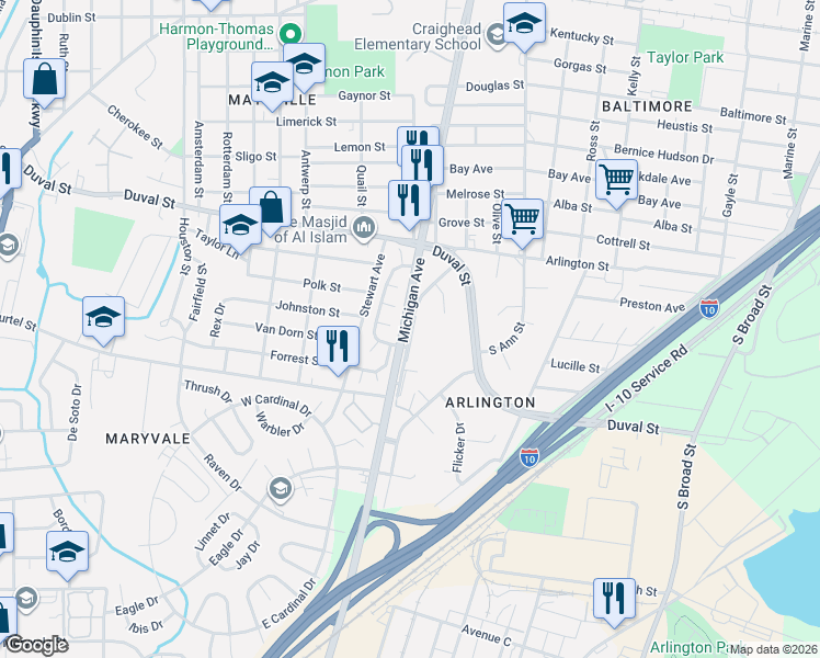 map of restaurants, bars, coffee shops, grocery stores, and more near 1476 Plaza Drive in Mobile