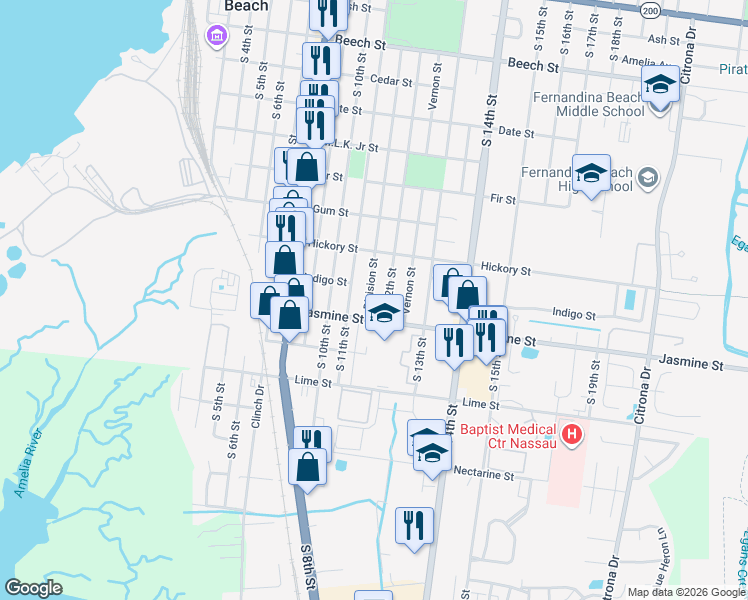 map of restaurants, bars, coffee shops, grocery stores, and more near 915 Division Street in Fernandina Beach