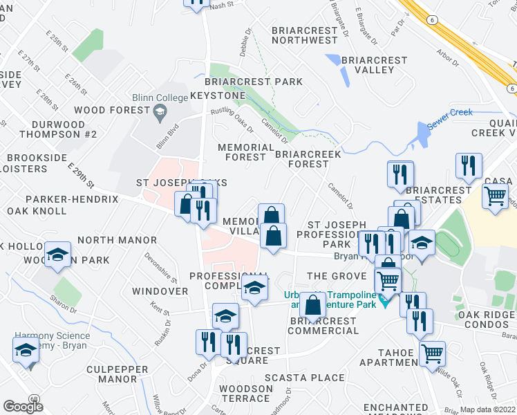map of restaurants, bars, coffee shops, grocery stores, and more near 8 De Lee Street in Bryan