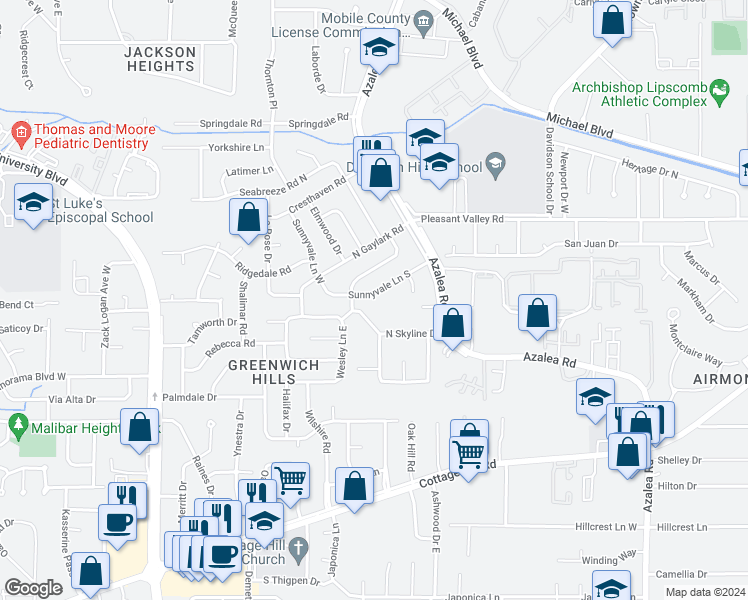map of restaurants, bars, coffee shops, grocery stores, and more near 4015 Sunnyvale Lane South in Mobile