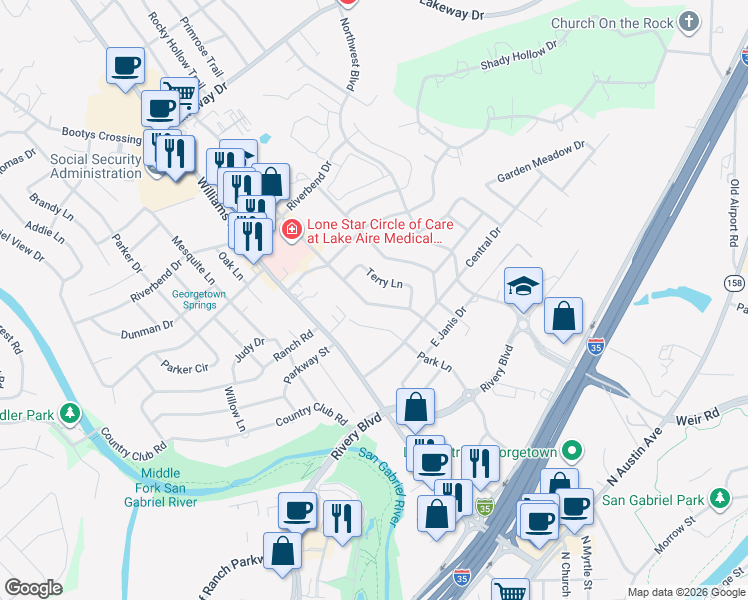 map of restaurants, bars, coffee shops, grocery stores, and more near 2009 Dawn Drive in Georgetown