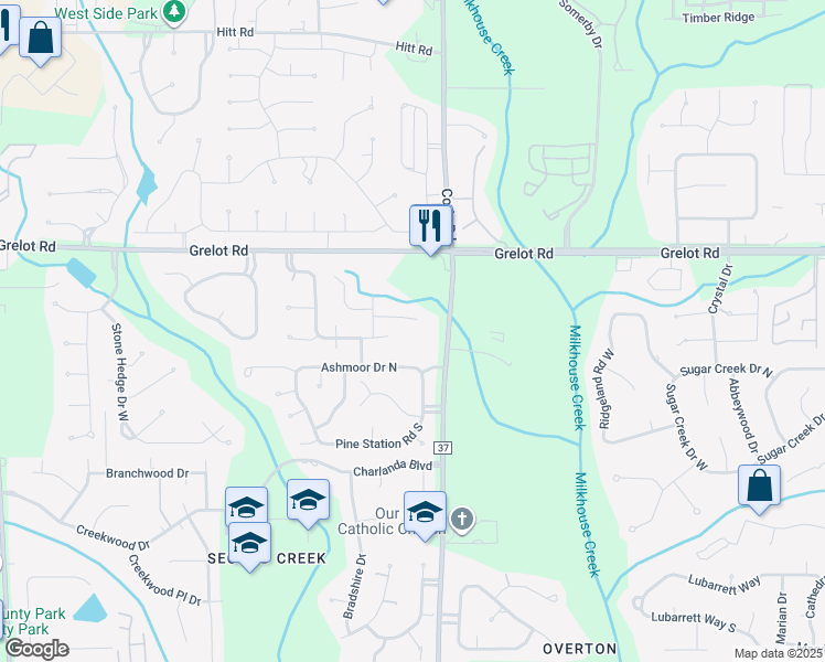 map of restaurants, bars, coffee shops, grocery stores, and more near 7131 Winding Brook Court in Mobile