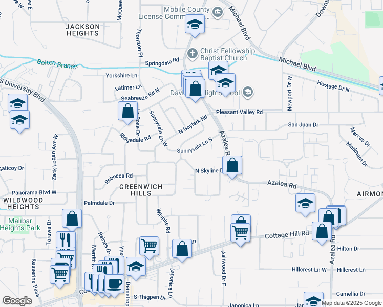 map of restaurants, bars, coffee shops, grocery stores, and more near 4015 Sunnyvale Lane South in Mobile