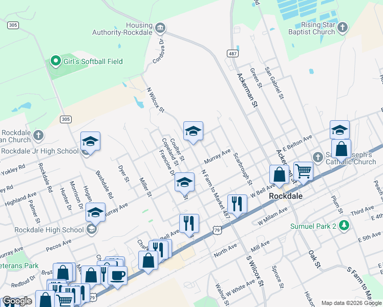 map of restaurants, bars, coffee shops, grocery stores, and more near 627 North Wilcox Street in Rockdale