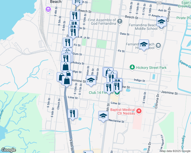 map of restaurants, bars, coffee shops, grocery stores, and more near 909 Vernon Street in Fernandina Beach