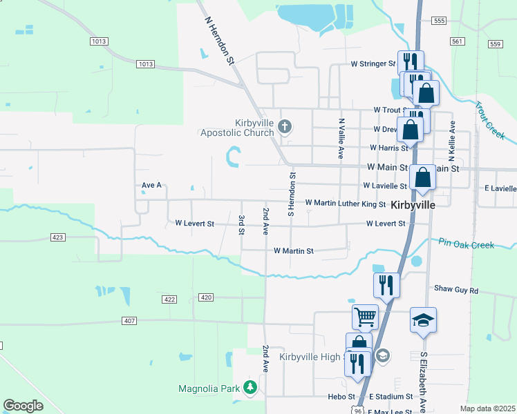 map of restaurants, bars, coffee shops, grocery stores, and more near 302 2nd Avenue in Kirbyville