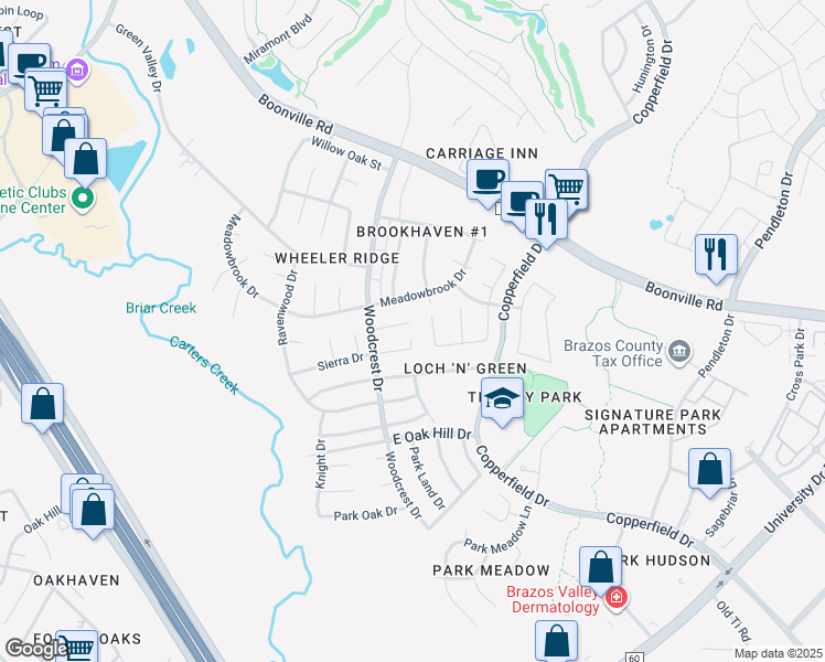 map of restaurants, bars, coffee shops, grocery stores, and more near 3924 Seminole Court in Bryan