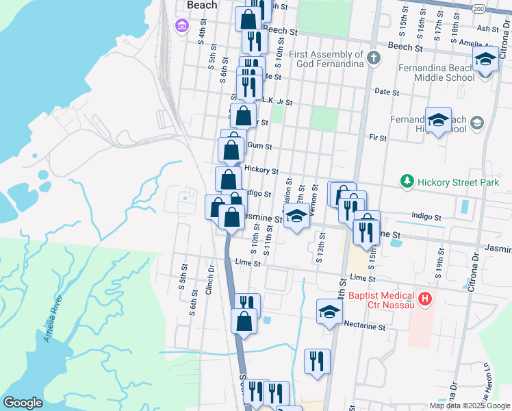 map of restaurants, bars, coffee shops, grocery stores, and more near 919 South 10th Street in Fernandina Beach