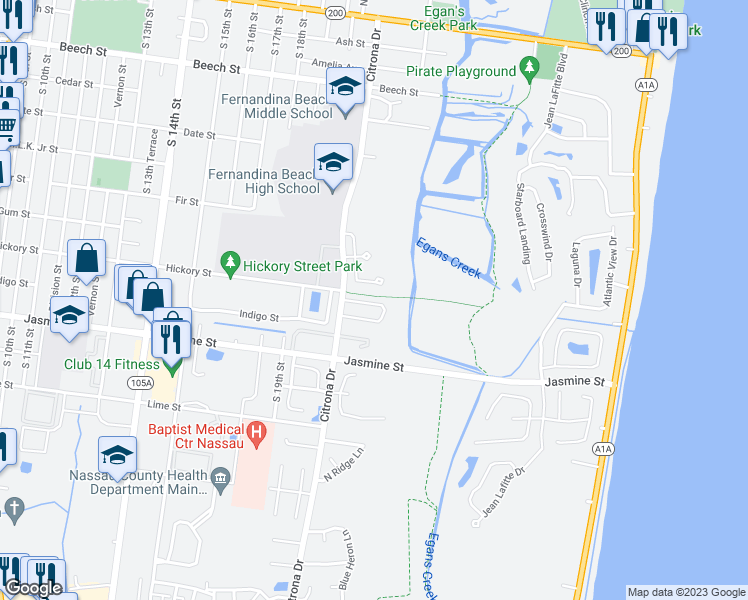 map of restaurants, bars, coffee shops, grocery stores, and more near 2178 Shell Cove Circle in Fernandina Beach