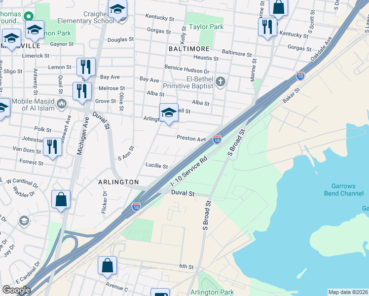 map of restaurants, bars, coffee shops, grocery stores, and more near 1455 C Street in Mobile