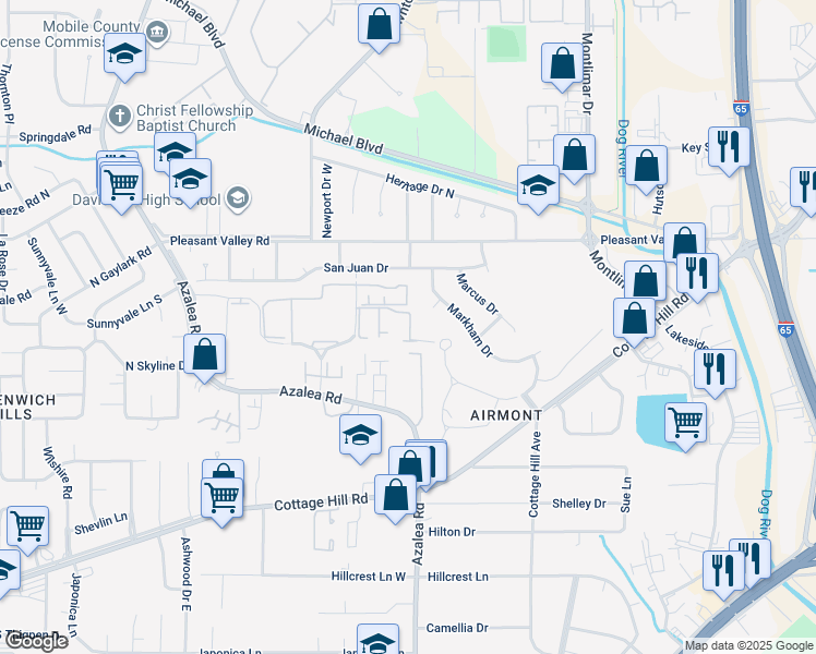 map of restaurants, bars, coffee shops, grocery stores, and more near 561 Village Green Drive East in Mobile