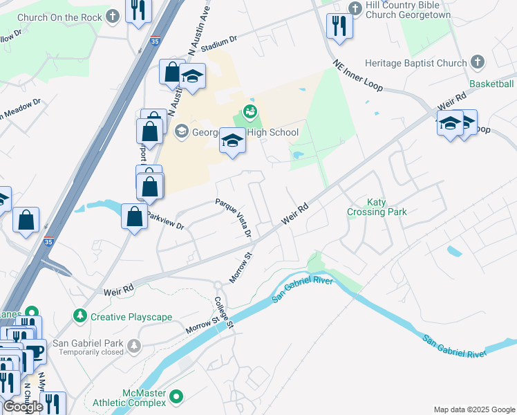 map of restaurants, bars, coffee shops, grocery stores, and more near 661 Farm to Market Road 971 in Georgetown