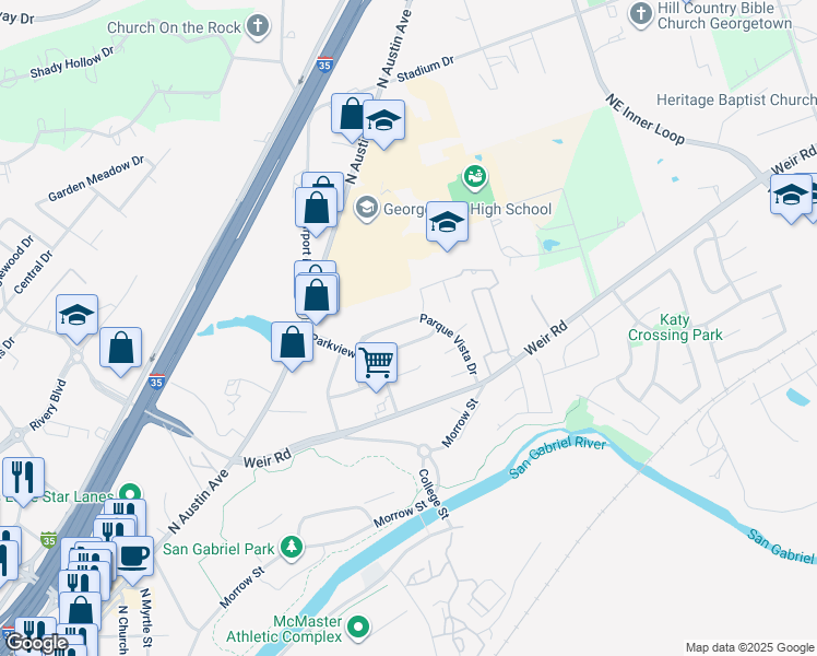 map of restaurants, bars, coffee shops, grocery stores, and more near 120 Parque Vista Drive in Georgetown