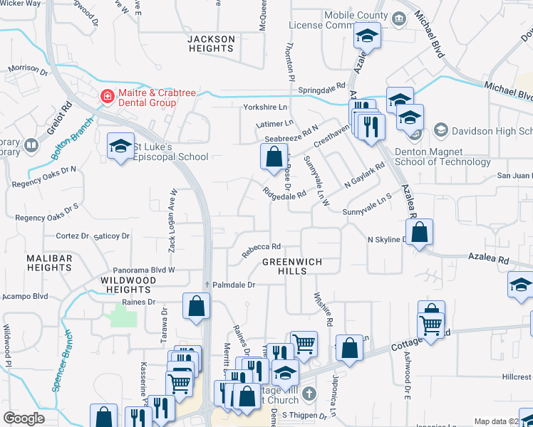 map of restaurants, bars, coffee shops, grocery stores, and more near 1512 Shalimar Road in Mobile