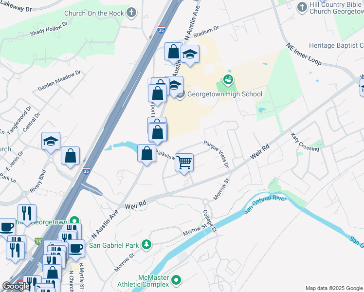 map of restaurants, bars, coffee shops, grocery stores, and more near 111 Parque Vista Drive in Georgetown