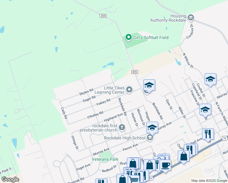 map of restaurants, bars, coffee shops, grocery stores, and more near 1501 Sager Road in Rockdale