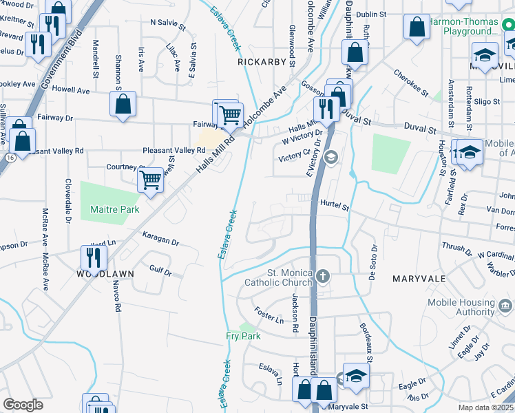 map of restaurants, bars, coffee shops, grocery stores, and more near 1012 West Woodlawn Drive in Mobile