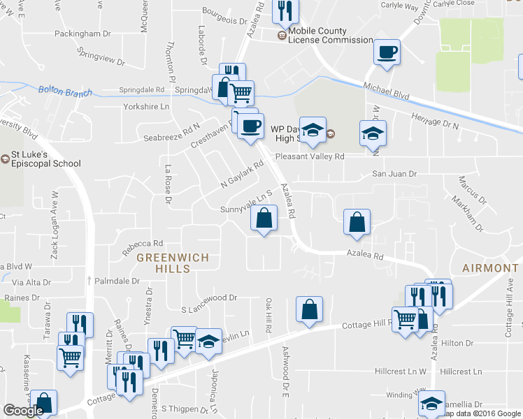 map of restaurants, bars, coffee shops, grocery stores, and more near 558 Sunnyvale Court in Mobile