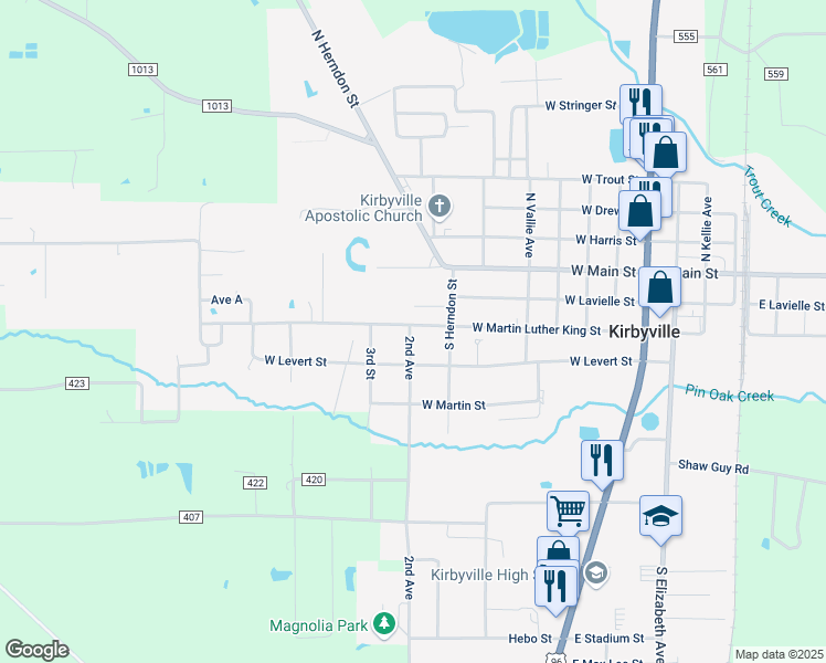 map of restaurants, bars, coffee shops, grocery stores, and more near 302 2nd Avenue in Kirbyville
