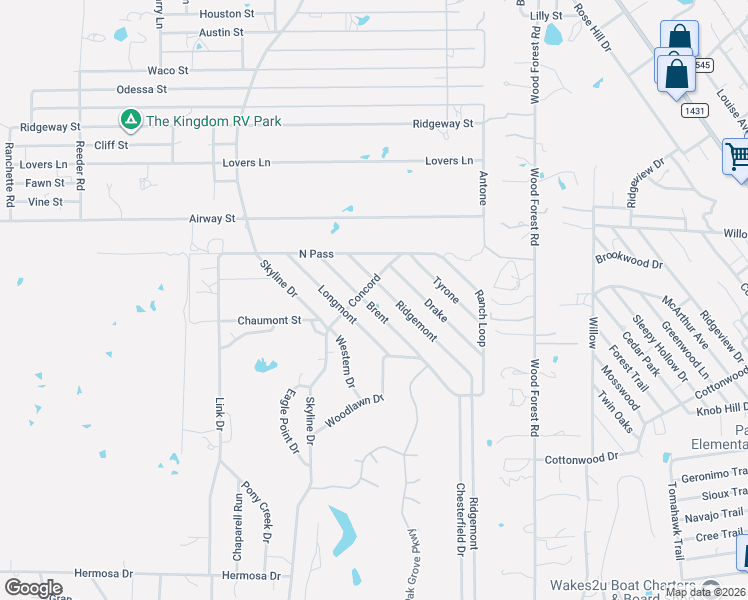 map of restaurants, bars, coffee shops, grocery stores, and more near 104 Ridgemont in Kingsland