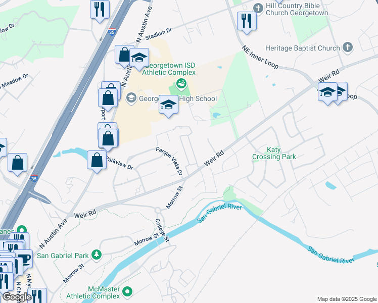 map of restaurants, bars, coffee shops, grocery stores, and more near 661 Farm to Market Road 971 in Georgetown