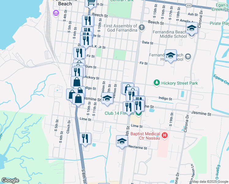 map of restaurants, bars, coffee shops, grocery stores, and more near 909 Vernon Street in Fernandina Beach