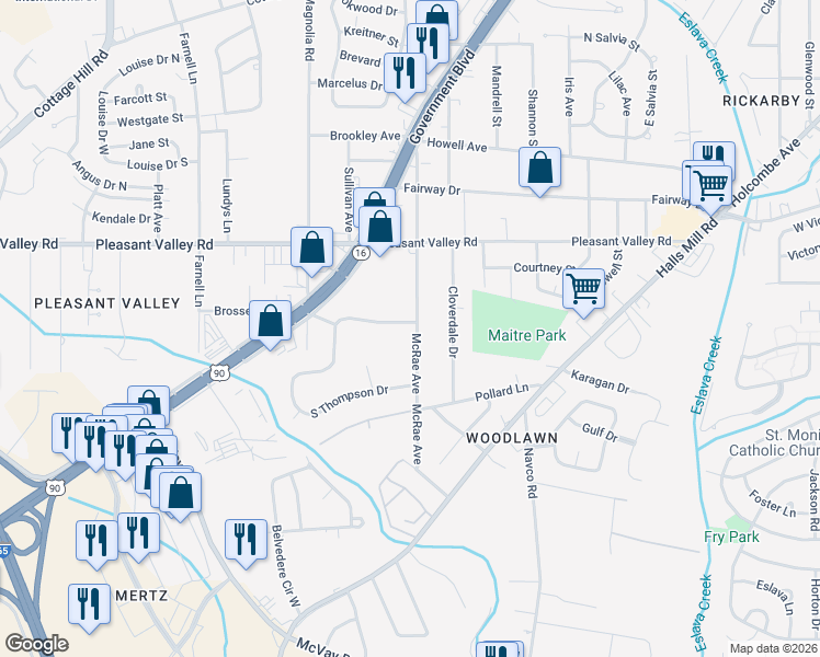 map of restaurants, bars, coffee shops, grocery stores, and more near 1000 McRae Avenue in Mobile