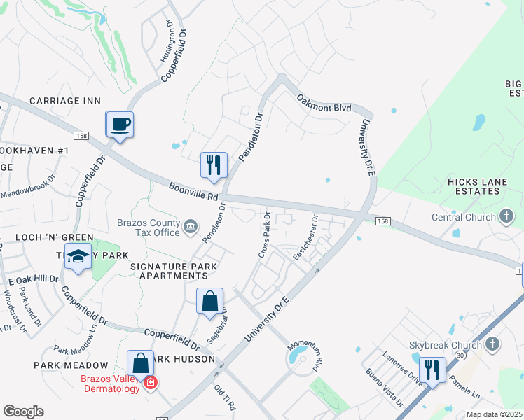 map of restaurants, bars, coffee shops, grocery stores, and more near Cross Park Drive in Bryan