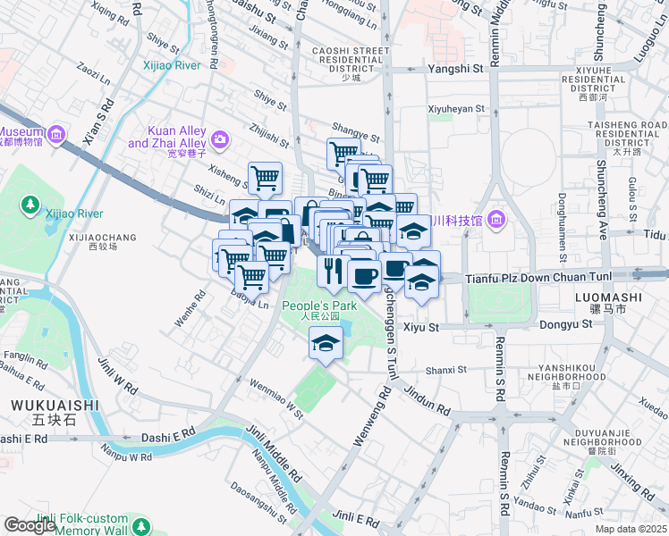 map of restaurants, bars, coffee shops, grocery stores, and more near Shu Du Da Dao Shao Cheng Lu in Cheng Du Shi
