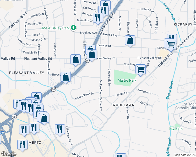 map of restaurants, bars, coffee shops, grocery stores, and more near 2705 North Thompson Drive in Mobile