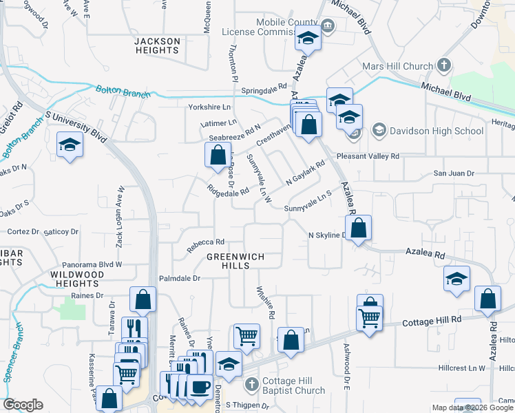map of restaurants, bars, coffee shops, grocery stores, and more near 4105 North Gaylark Road in Mobile