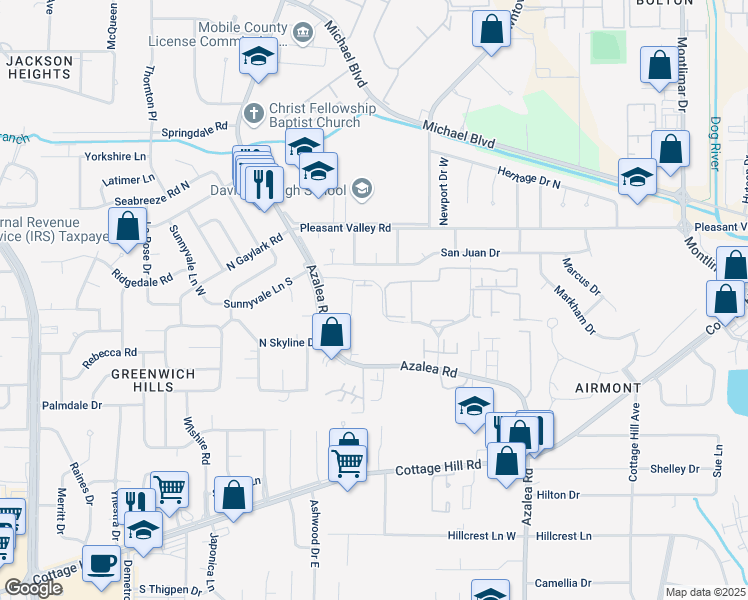 map of restaurants, bars, coffee shops, grocery stores, and more near 565 Village Green Drive East in Mobile