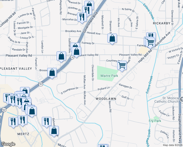 map of restaurants, bars, coffee shops, grocery stores, and more near 1000 Cloverdale Drive in Mobile