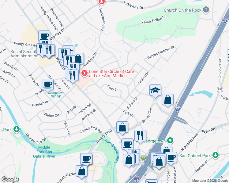 map of restaurants, bars, coffee shops, grocery stores, and more near 2009 Dawn Drive in Georgetown