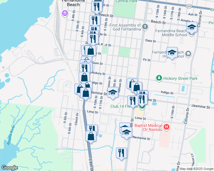 map of restaurants, bars, coffee shops, grocery stores, and more near 903 Division Street in Fernandina Beach