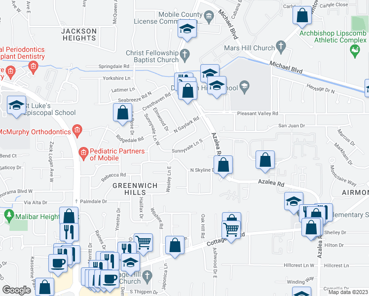 map of restaurants, bars, coffee shops, grocery stores, and more near 4014 Sunnyvale Lane South in Mobile