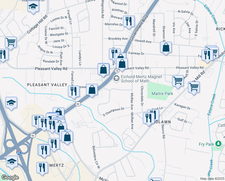 map of restaurants, bars, coffee shops, grocery stores, and more near 2731 North Thompson Drive in Mobile