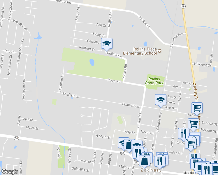 map of restaurants, bars, coffee shops, grocery stores, and more near 3850 Pope Road in Zachary