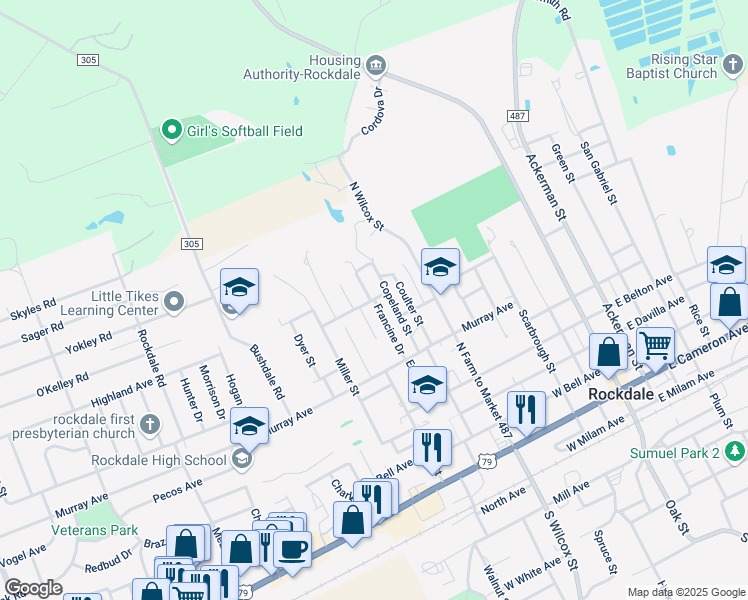 map of restaurants, bars, coffee shops, grocery stores, and more near 699 Francine Drive in Rockdale