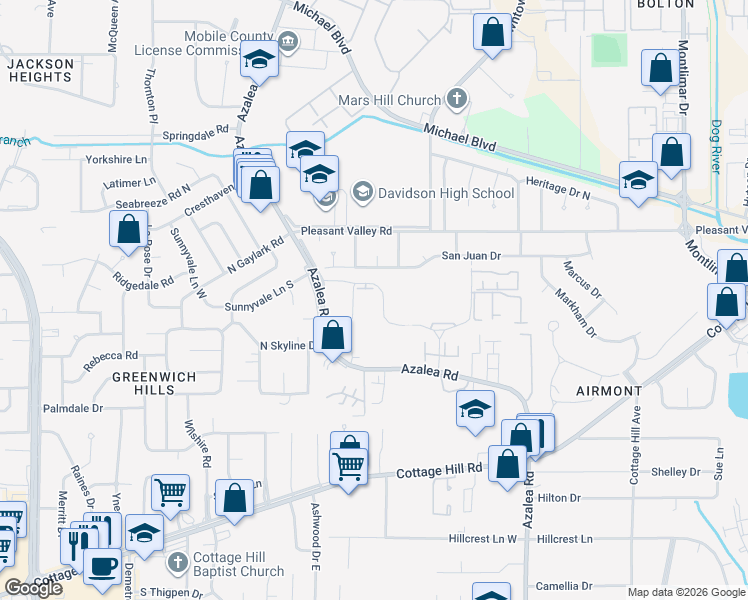 map of restaurants, bars, coffee shops, grocery stores, and more near 557 Azalea Road in Mobile