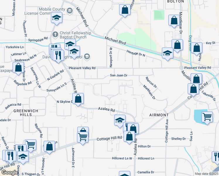 map of restaurants, bars, coffee shops, grocery stores, and more near 561 Village Green Drive East in Mobile